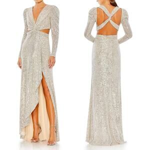 Ieena Mac Duggal 26739 Long Sleeve Sequined Gown Maxi Dress Nude Gold Size 2 NWT